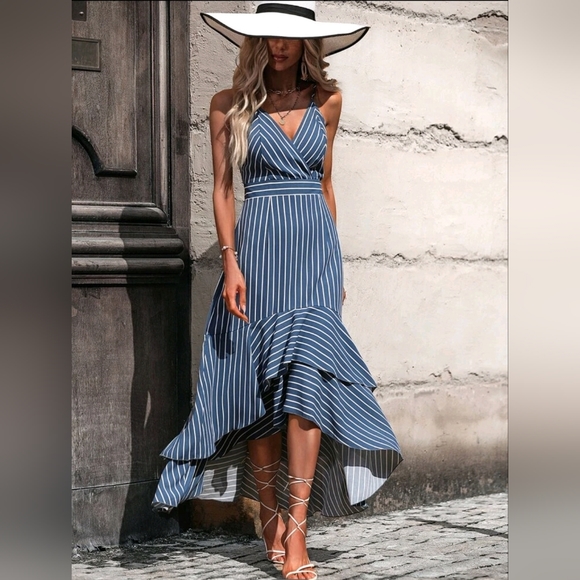 NEW Luxe Striped High Low Ruffle Cami Dress Blue White - Picture 3 of 8